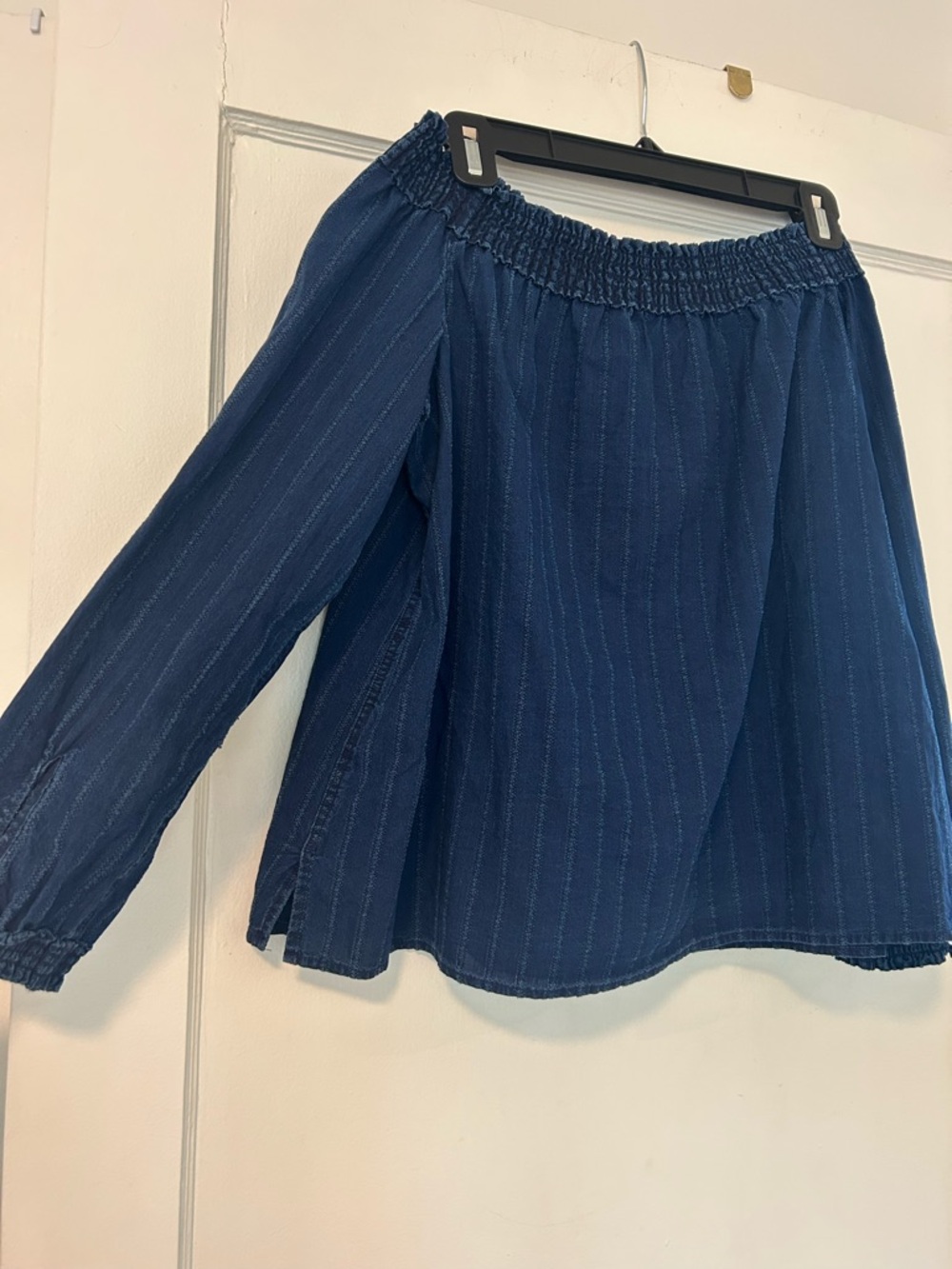 rag & bone Navy Blue Pinstripe Off-Shoulder Blouse